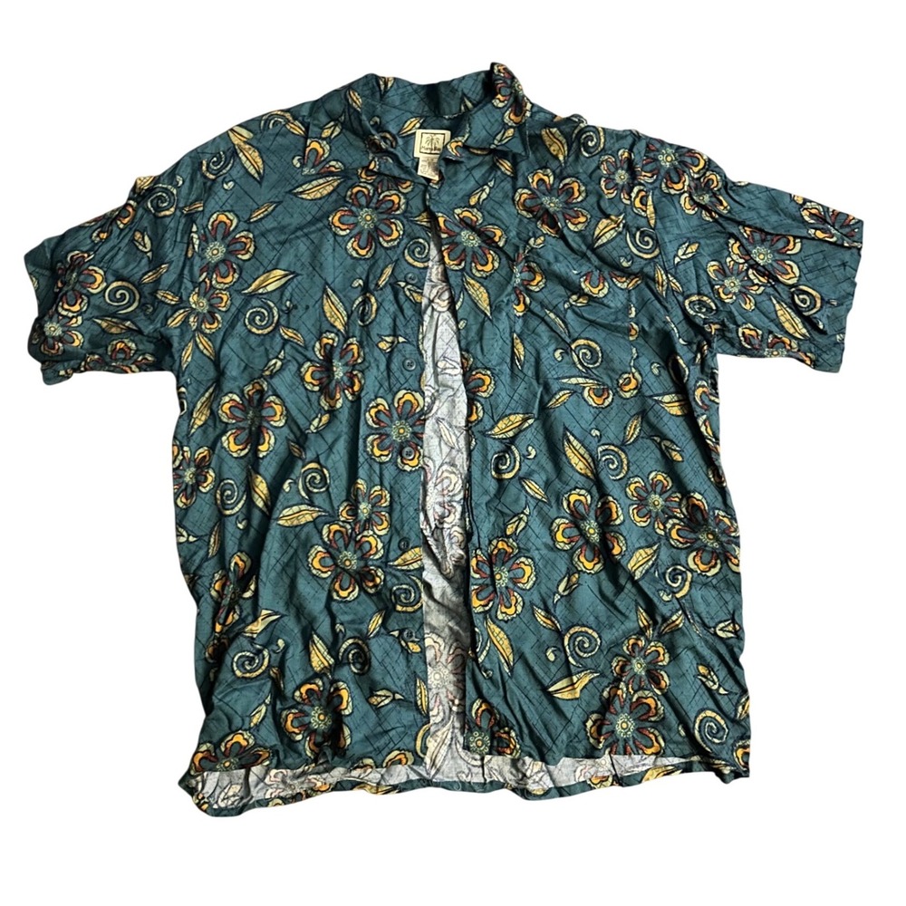 Morro Bay Mens Large Teal Tropical Floral Viscose Rayon Short Sleeve Shirt